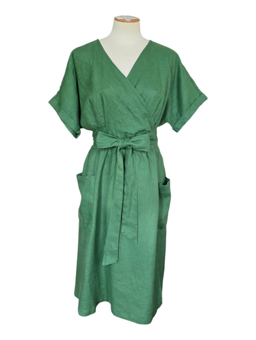 Grae Cove 100% Linen True Wrap Dress | Sage Green | Pockets | Size Large